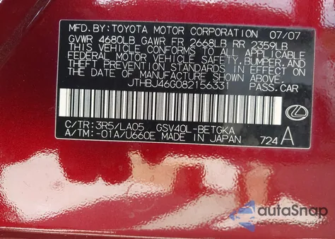 2008 Lexus Es 350 z USA, uszkodzony, nr VIN JTHBJ46G082156331